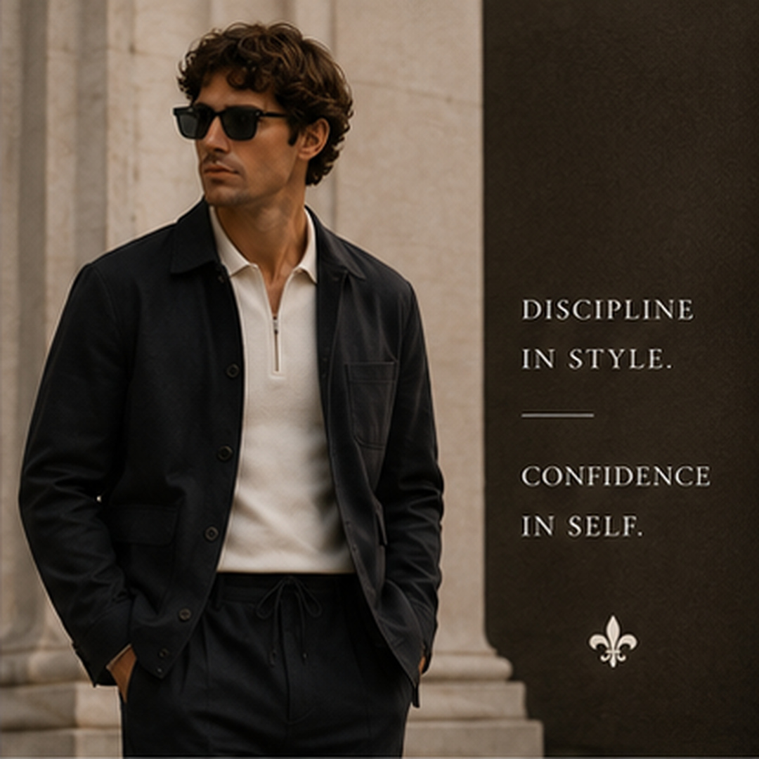 Model wearing The Standard black casual tailoring